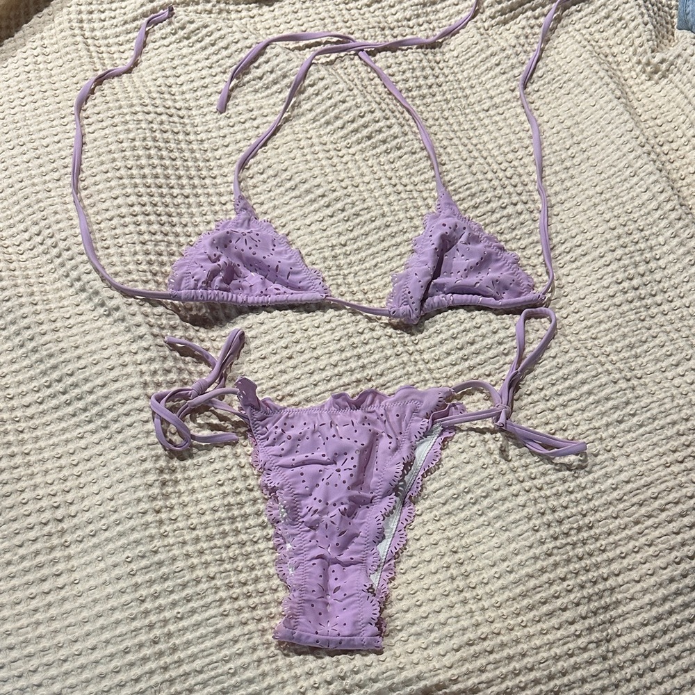 Lavender Eyelet Tie-Side Triangle Bikini - Women